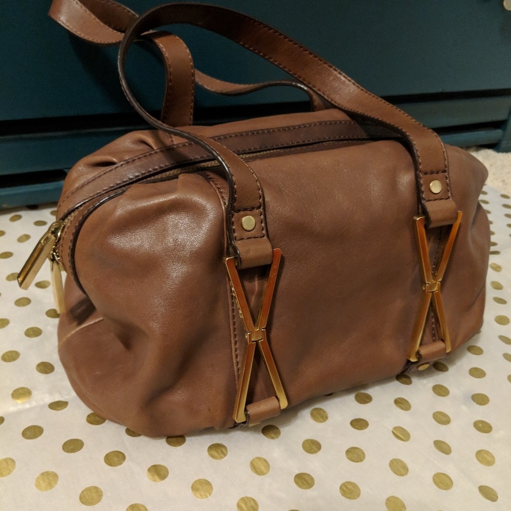 Calvin Klein taupe leather satchel gold hardware